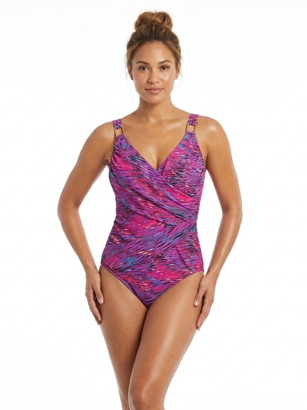 SPANX Women One Piece Swimsuit Draped Ruched Tummy Control Print M